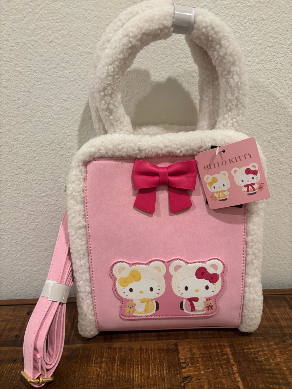 Sanrio Hello Kitty Pink and White Faux-Sherpa Tote with Bow
